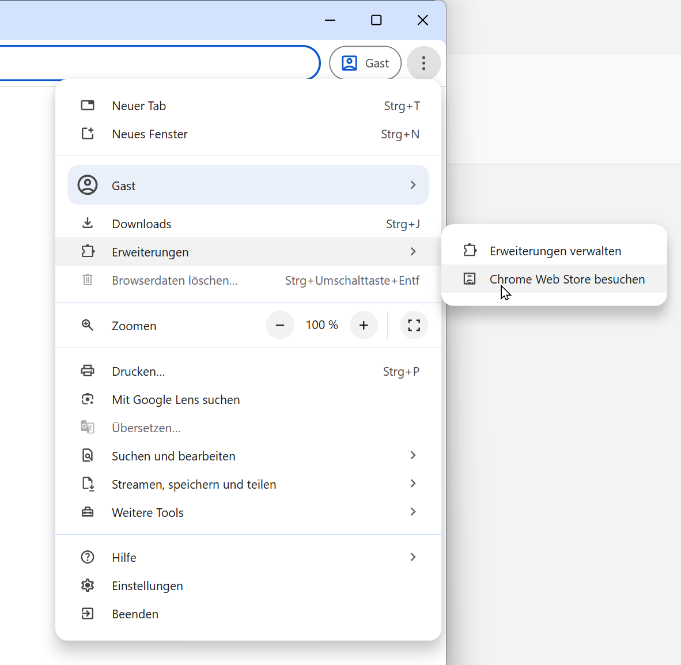 Menüpunkt "Erweiterungen" "Chrome Web Store besuchen"