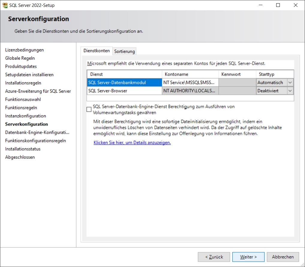 SQL Server 2022-Setup Serverkonfiguration Dienstkonten