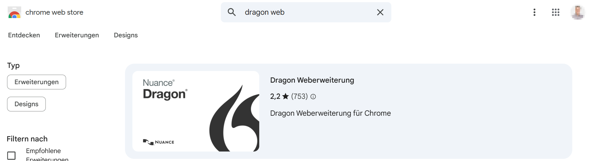 chrome web store - Dragon Weberweiterung