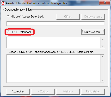 Auswahl von „ODBC Datenbank“ als Datenquelle