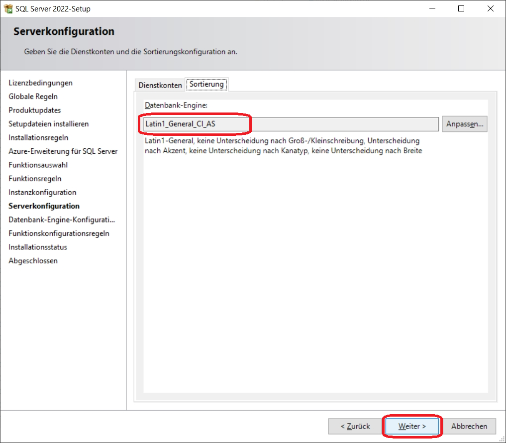 SQL Server 2022-Setup Serverkonfiguration Sortierung