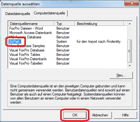 Auswahl einer eingerichteten ODBC-Computerdatenquelle