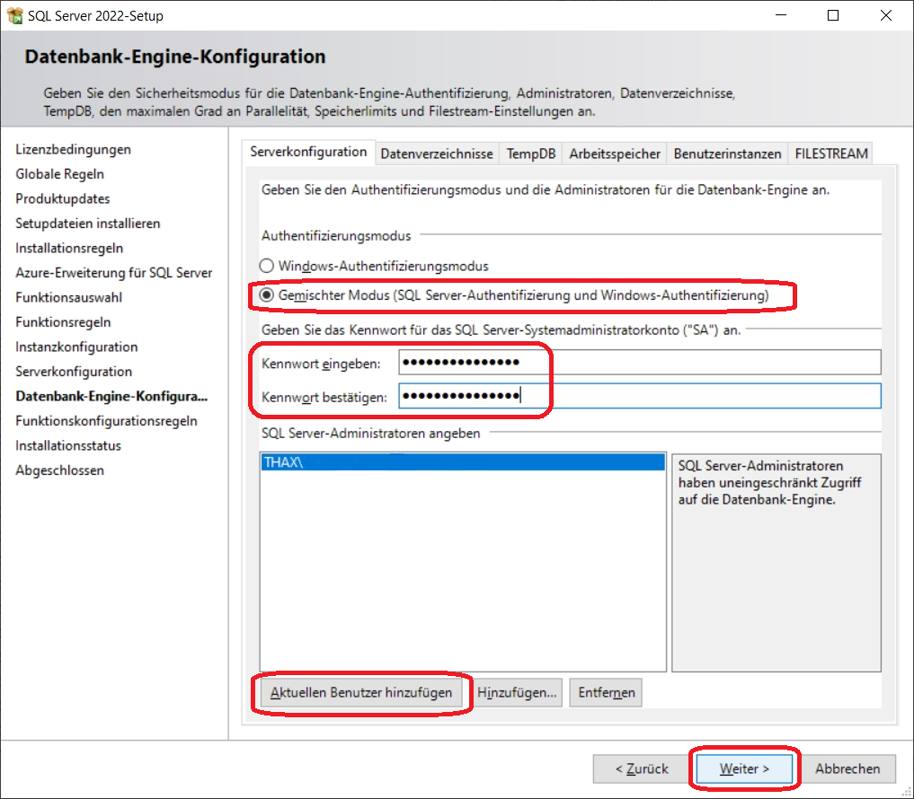 SQL Server 2022-Setup Datenbank-Engine-Konfiguration