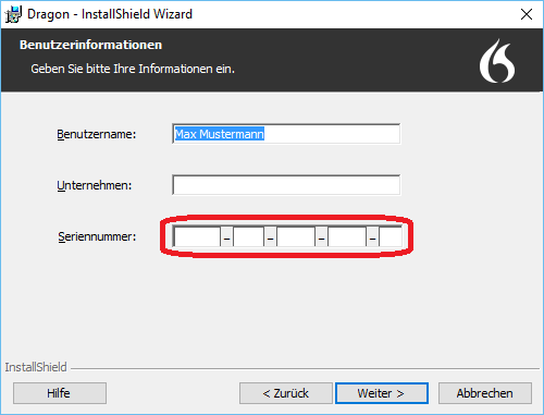 Dragon - InstallShield Wizard Benutzerinformationen