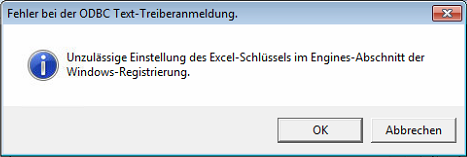 ODBC-Fehlermeldung zu einer unzulässigen Einstellung des Excel-Schlüssels