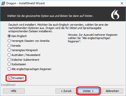 Dragon - InstallShield Wizard Optionen