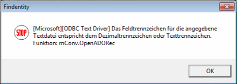 ODBC-Fehlermeldung zum Feld-, Dezimal- oder Texttrennzeichen