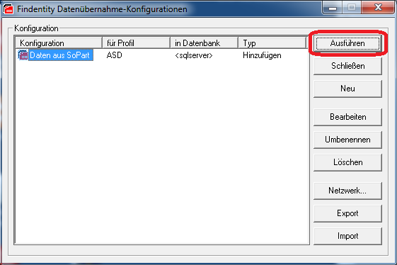 Gespeicherte Importkonfiguration in der Findentity-Datenübernahme