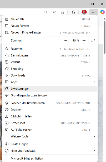 Menüpunkt "Erweiterungen"