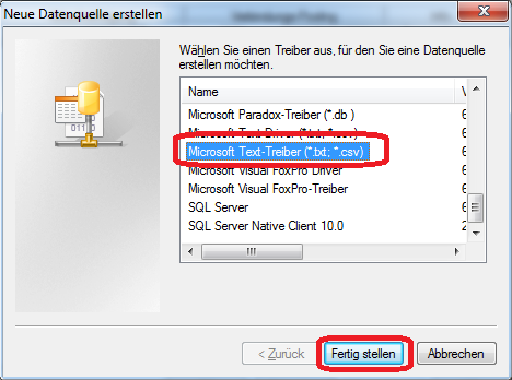Auswahl des Microsoft-Texttreibers für CSV-Dateien