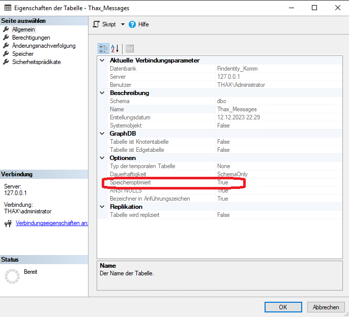Eigenschaften der Tabelle - Thax_Messages