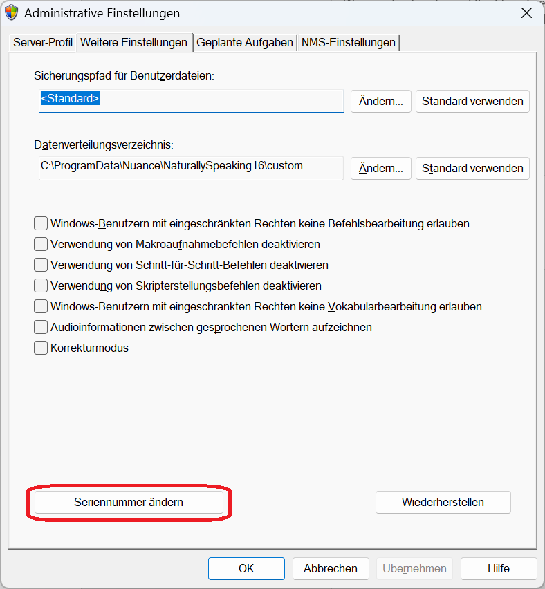 Administrative Einstellungen Weitere Einstellungen