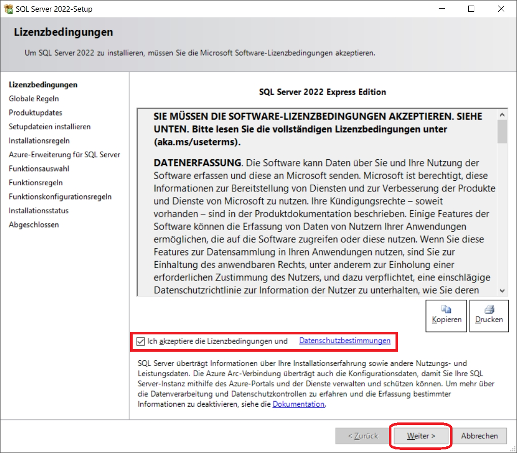 SQL Server 2022-Setup Lizenzbedingungen