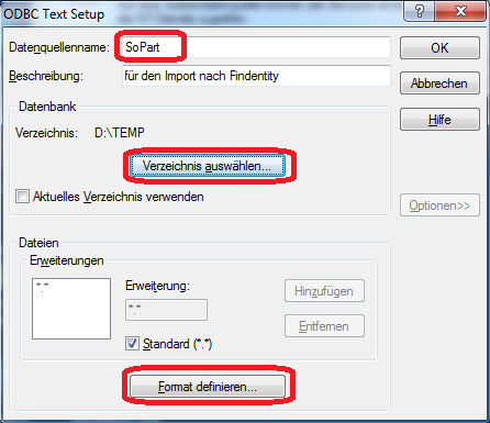 ODBC Text Setup mit Name und ausgewähltem Quellverzeichnis