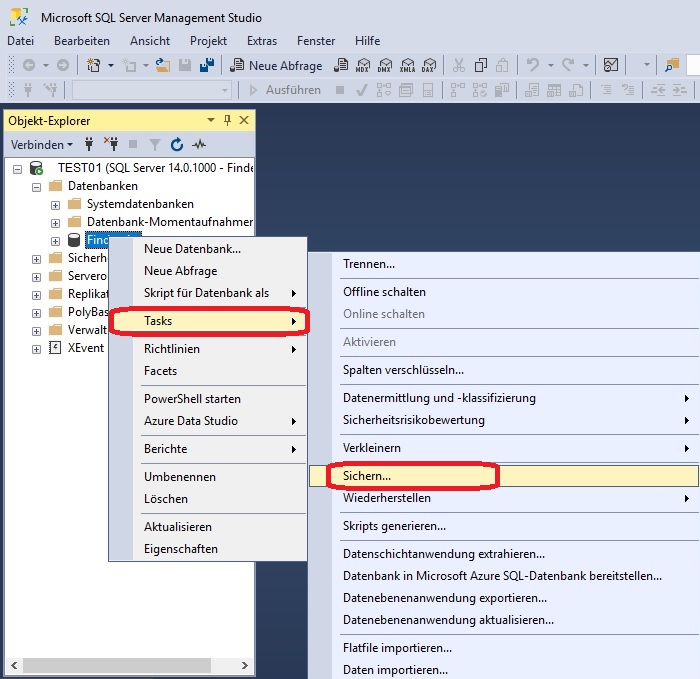 Microsoft SQL Server Management Studio Tasks -> Sichern