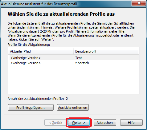 Wählen Sie die zu aktualisierenden Profile aus