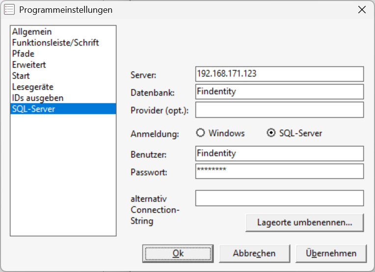 Findentity Programmeinstellungen SQL-Server