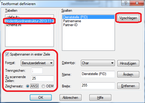 Dialog „Textformat definieren“ mit ausgewählter CSV-Datei und erkannten Spalten