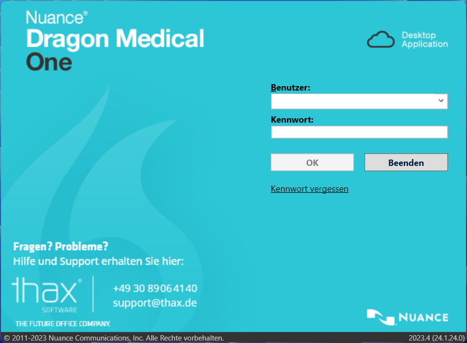 Dragon Medical One Anmeldebildschirm