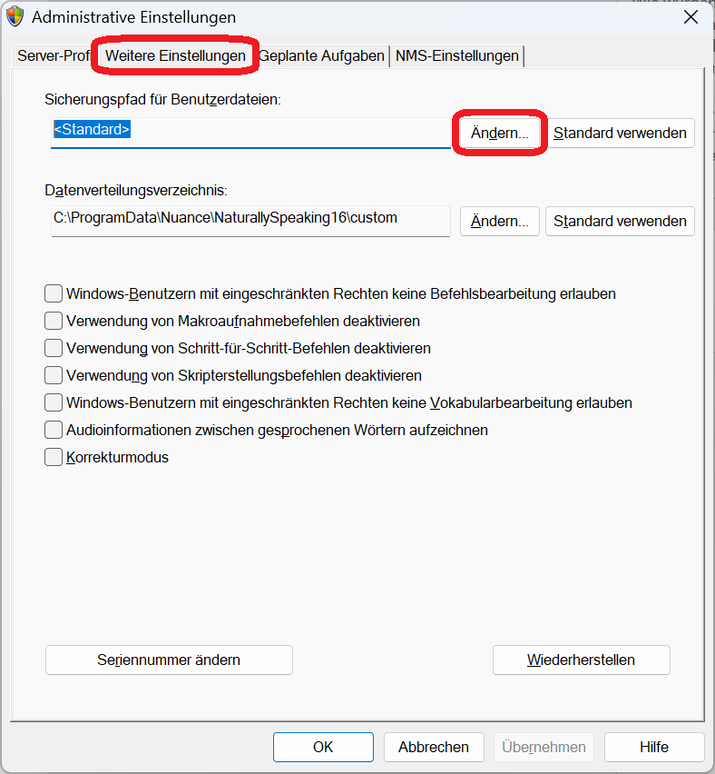 Administrative Einstellungen Weitere Einstellungen