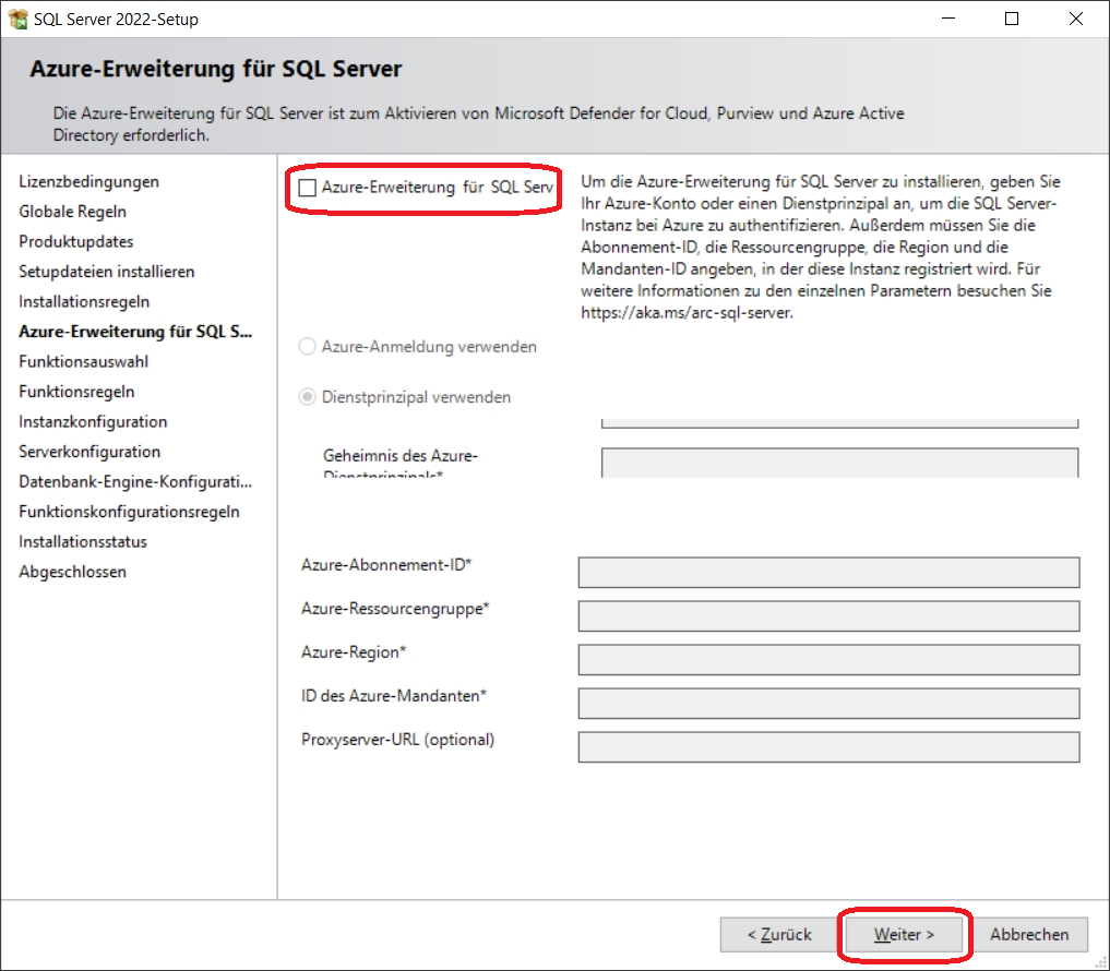 SQL Server 2022-Setup Azure-Erweiterung für SQL Server