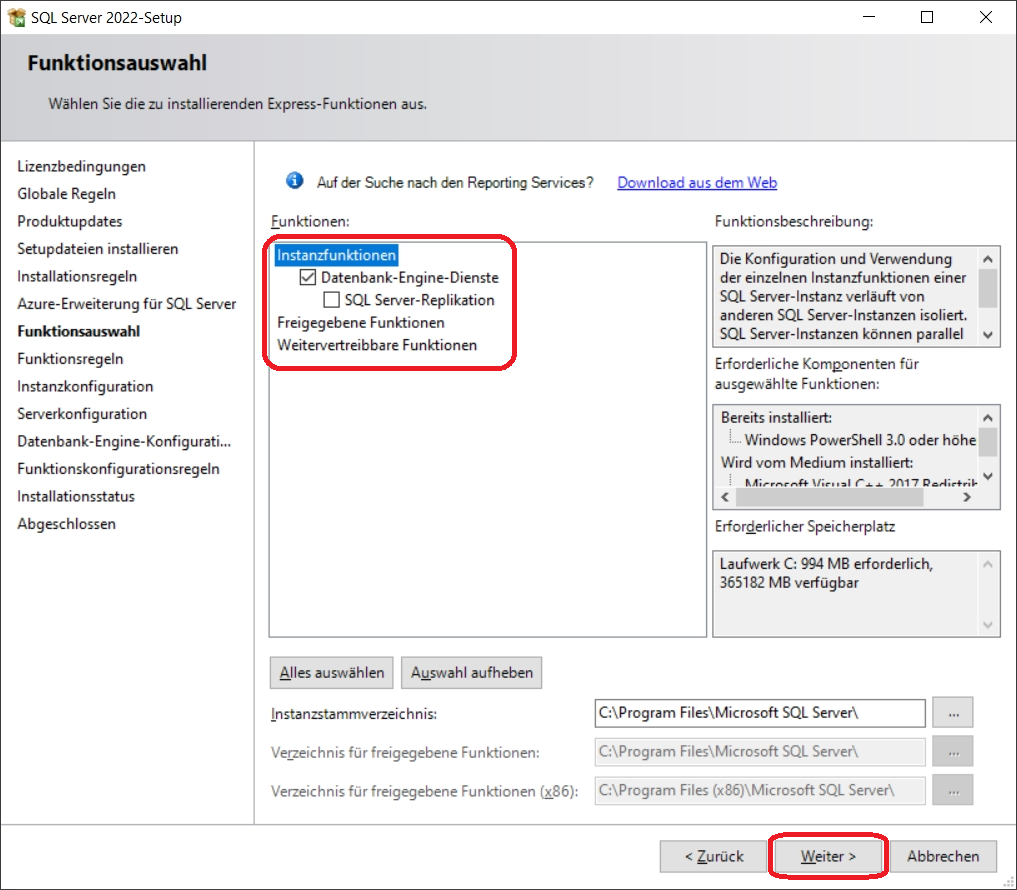 SQL Server 2022-Setup Funktionsauswahl
