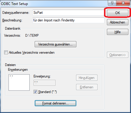 Abschluss des ODBC Text Setup