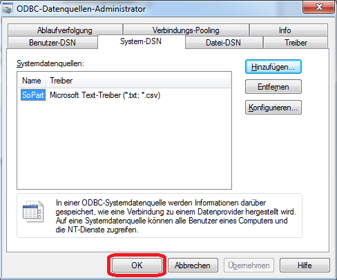 Abschluss des ODBC-Datenquellen-Administrators