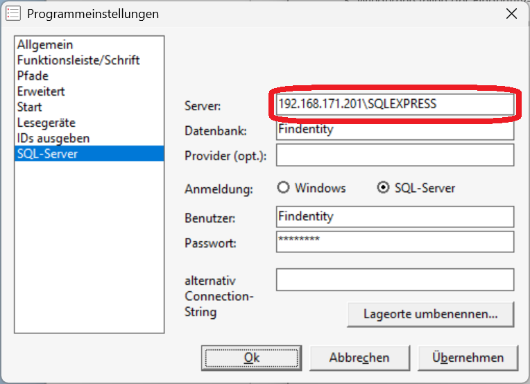 Findentity Programmeinstellungen SQL-Server
