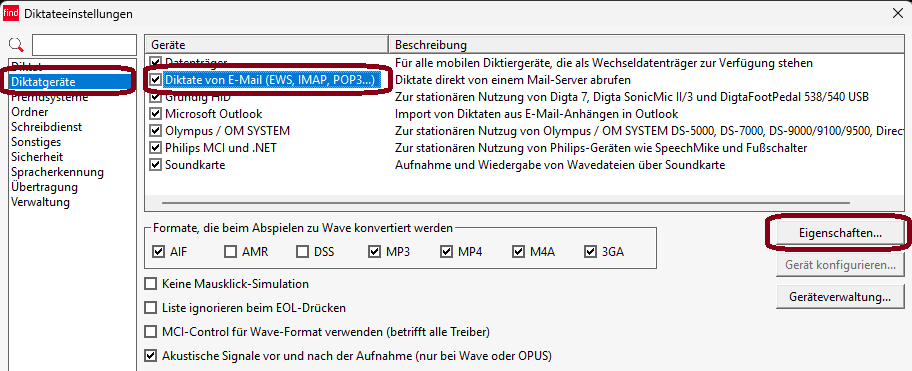 Diktateeinstellungen Diktate von E-Mail (EWS, IMAP, POP3...)