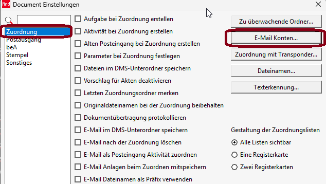 Document Einstellungen Zuordnung E-Mail-Konten...